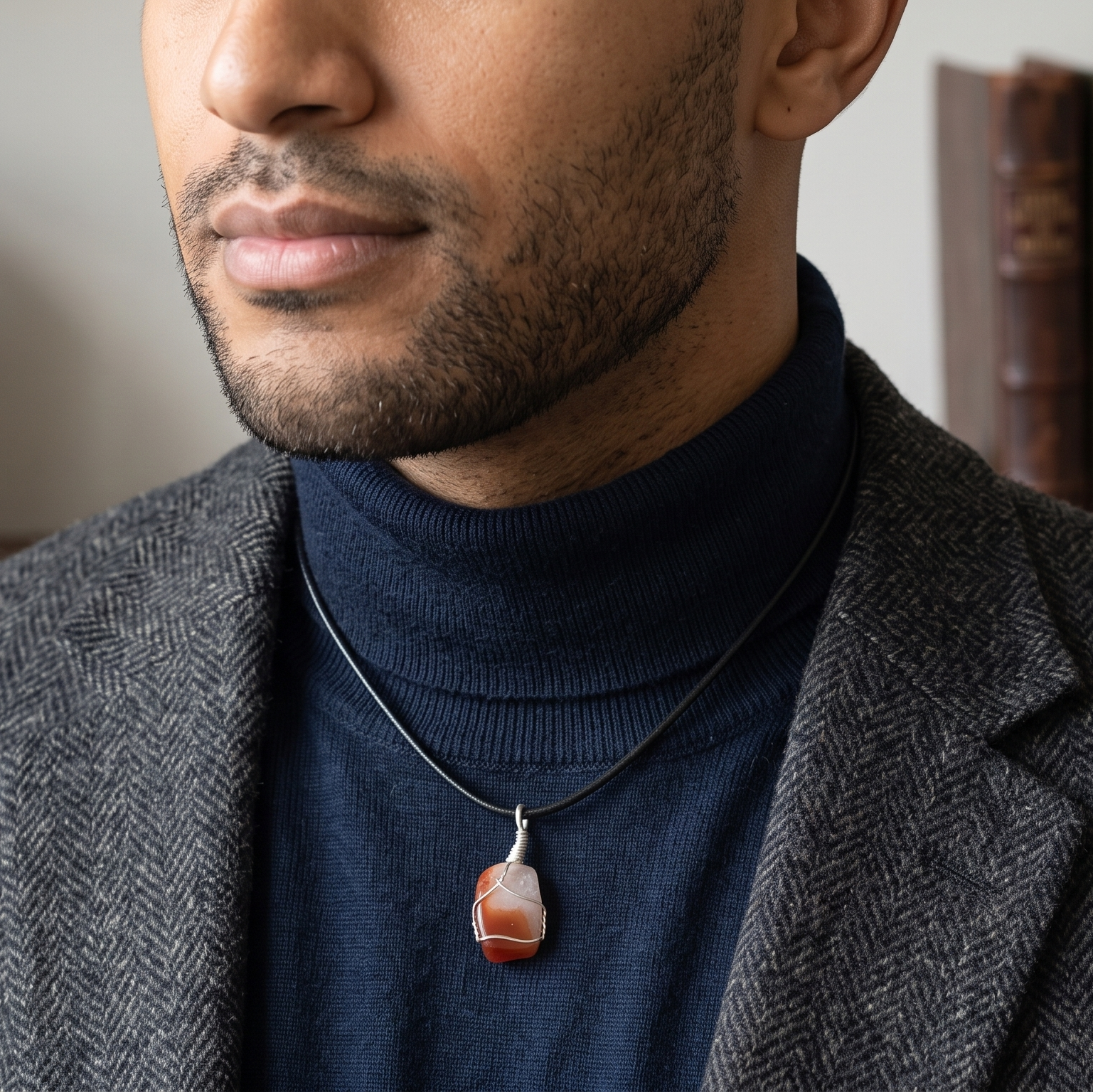 Collar de cornalina con ágata puesto en hombre