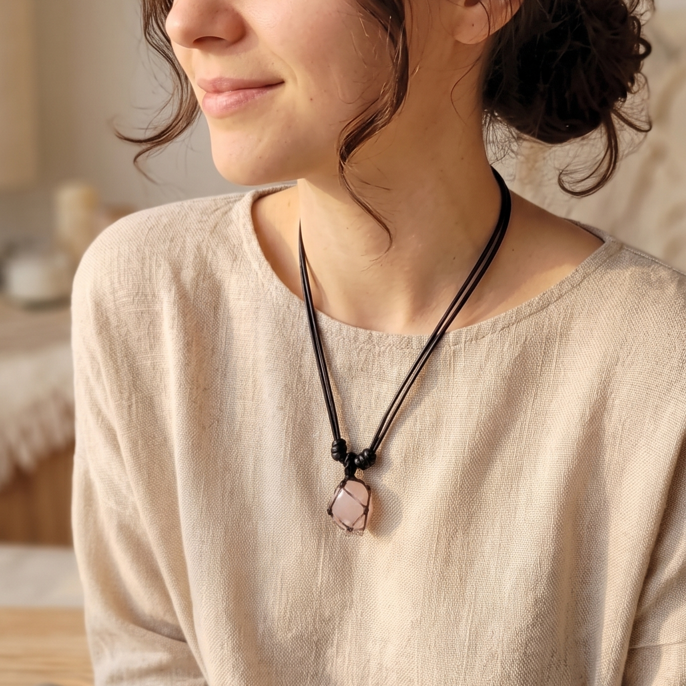 Collar Cuarzo Rosa Tejido