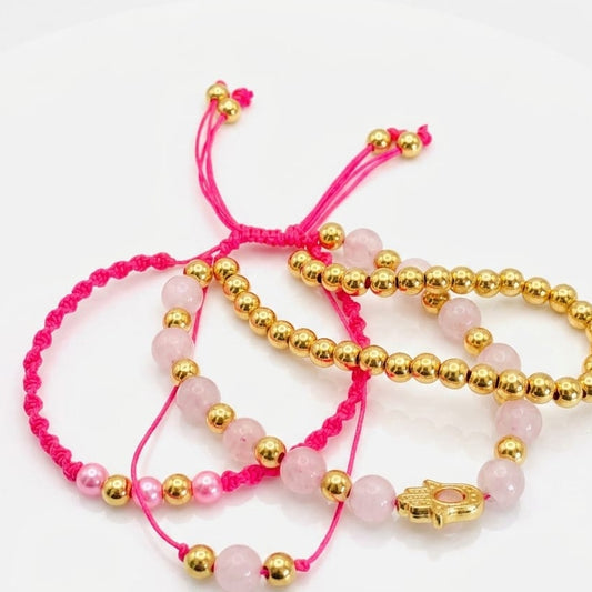 Set de 4 Pulseras Doradas y Rosa